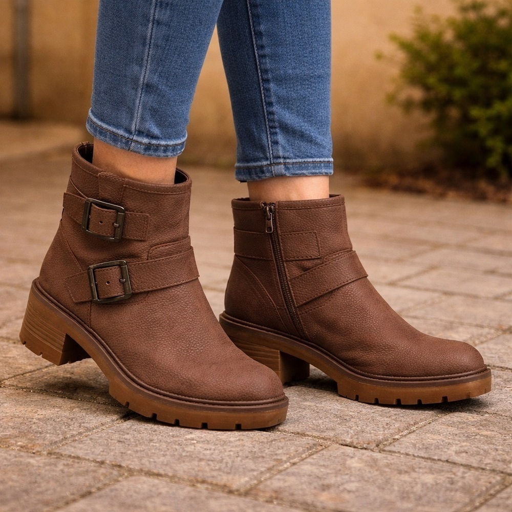 B.O.C Monika Platform Moto Brown Buckle Chunky Heel Lug Sole Booties Sz 9
